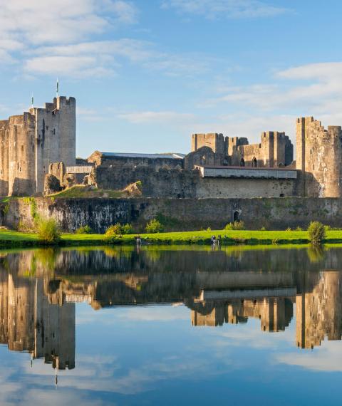 Caerphilly Castle exterior view from north lake
