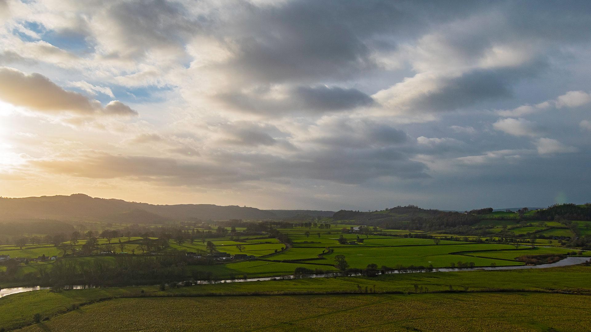 view out over Tywi valley from Dinefwr Castle wall-walk