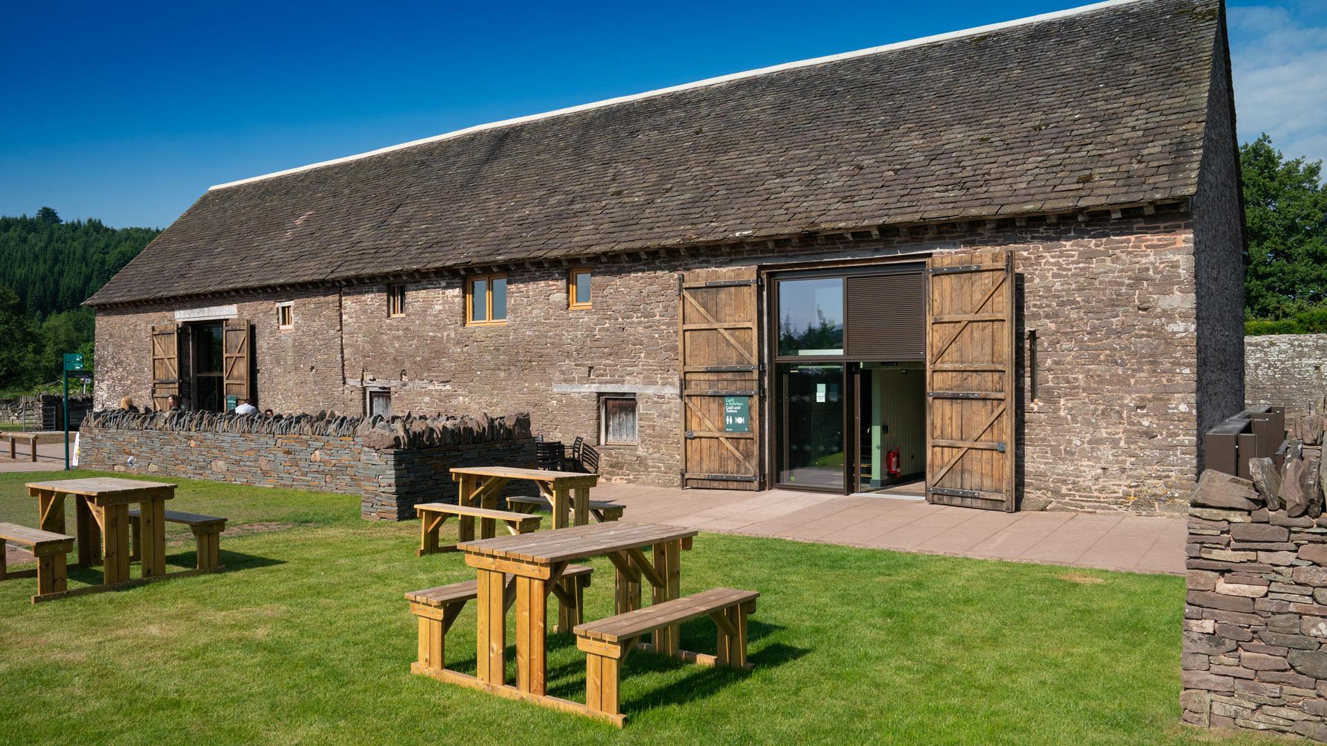 Tretower Court Barn - rear exterior view from grassed picnic area